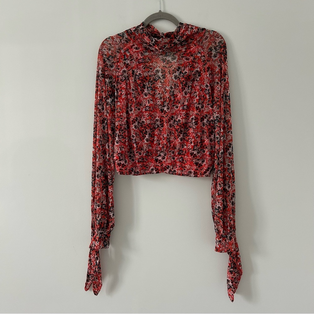 Free People All Dolled Up Orange Red Mesh Floral Tie Long Sleeve Blouse L
